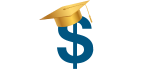 Blue dollar sign topped by a gold graduation cap